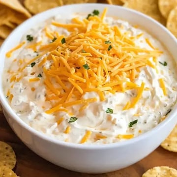 A bowl of creamy dip topped with shredded cheddar cheese and garnished with herbs, surrounded by tortilla chips.