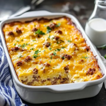 A baked casserole topped with melted cheese and pieces of sausage, garnished with fresh parsley, sits in a white dish beside a small bottle of milk.