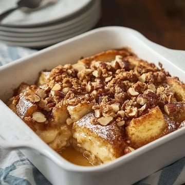 A close-up of a baked dessert in a white dish, topped with crumbled nuts and powdered sugar, with some portions visible and plates in the background.