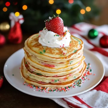 A stack of festive pancakes topped with whipped cream and a strawberry, served on a plate with colorful sprinkles, against a blurred holiday background.