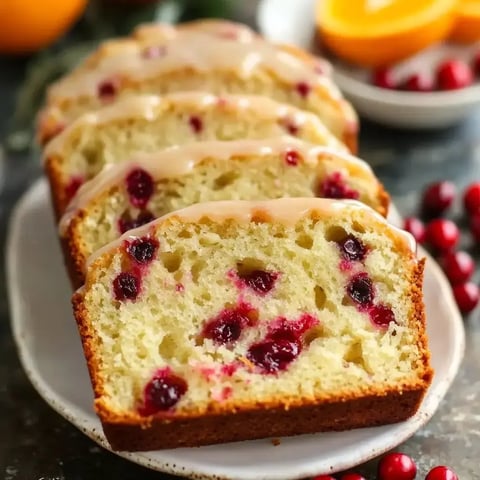 A sliced loaf of cranberry bread drizzled with glaze, presented on a plate with fresh cranberries and an orange in the background.