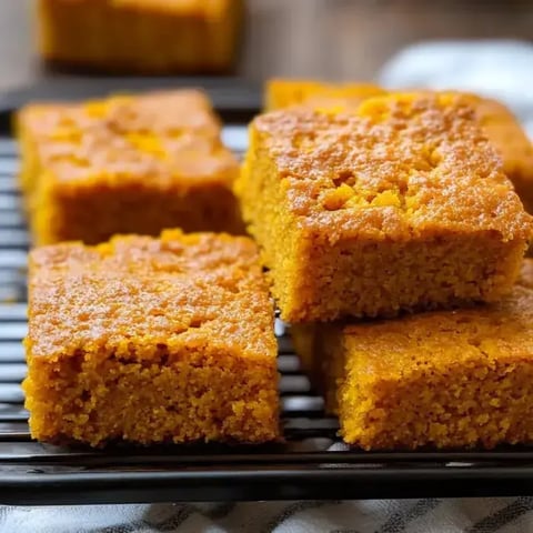 A stack of golden cornbread squares resting on a black cooling rack.