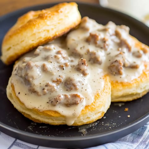 A plate of warm, flaky biscuits topped with creamy sausage gravy.