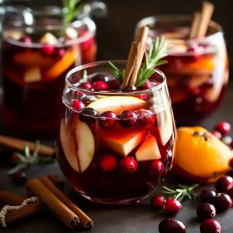 A close-up of a glass filled with a colorful fruit drink featuring apple slices, cranberries, and cinnamon sticks, surrounded by additional ingredients on a dark surface.