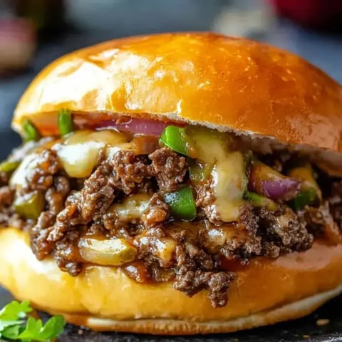 A close-up of a juicy cheeseburger filled with seasoned ground beef, melted cheese, onions, and green peppers, served in a shiny bun.