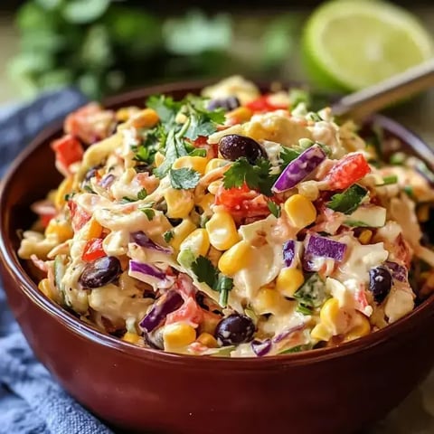 A colorful salad made with corn, black beans, red and purple vegetables, and topped with fresh cilantro in a brown bowl.