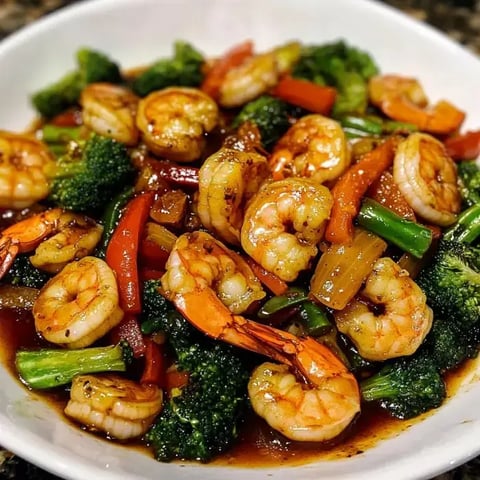 A bowl of stir-fried shrimp with broccoli, red peppers, and other vegetables in a savory sauce.