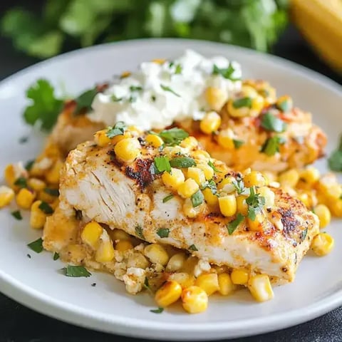 A plate of grilled fish topped with corn and garnished with cilantro and a dollop of sour cream.