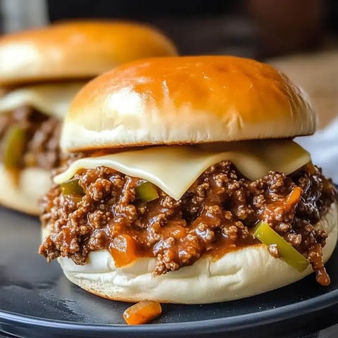 A close-up of two sloppy joe burgers with melted cheese and green bell pepper on soft buns.