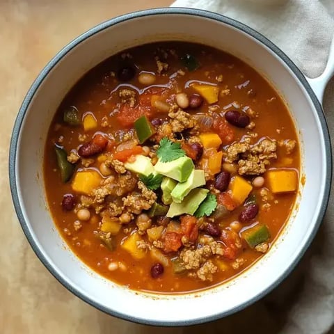 A bowl of hearty chili featuring ground meat, beans, diced tomatoes, and various vegetables, topped with avocado and cilantro.