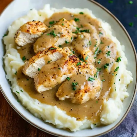 A plate of sliced chicken breast topped with gravy, served over a bed of creamy mashed potatoes and garnished with parsley.