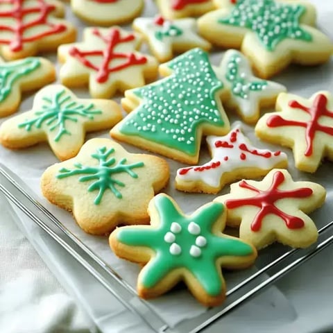 A tray of decorated Christmas cookies in various festive shapes and colors, including trees, snowflakes, and stars.