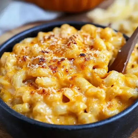 A creamy, baked mac and cheese dish is served in a black bowl, topped with golden-brown breadcrumbs.