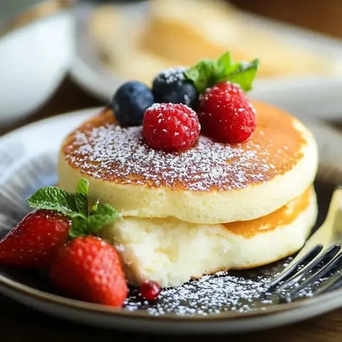 A plate of fluffy pancakes topped with powdered sugar, fresh raspberries, blueberries, and mint, accompanied by strawberries.