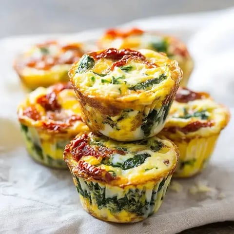 A stack of spinach and sun-dried tomato frittata muffins on a light cloth background.