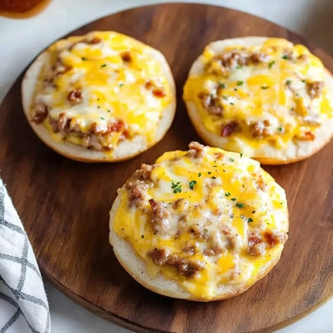 Three toasted English muffin halves topped with cooked sausage and melted cheese, garnished with a sprinkle of herbs, arranged on a wooden cutting board.