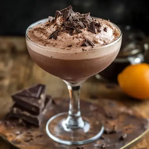 A decadent chocolate mousse topped with chocolate shavings, served in a elegant glass alongside pieces of chocolate and a lemon.