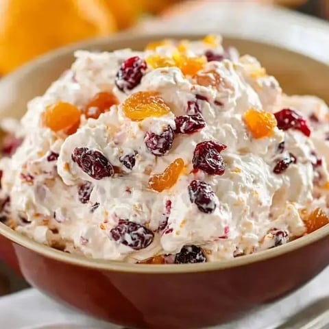 A bowl of creamy fruit salad mixed with cranberries and dried apricots.