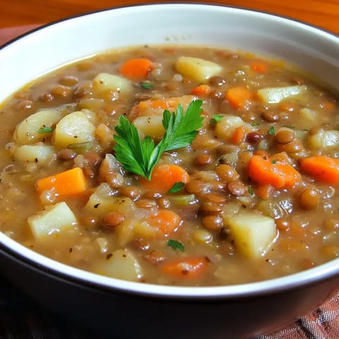 A bowl of lentil soup with potatoes, carrots, and a garnish of parsley.