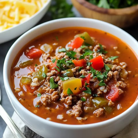 A bowl of hearty soup filled with ground meat, colorful diced vegetables, and fresh parsley, served alongside bowls of shredded cheese and chopped herbs.