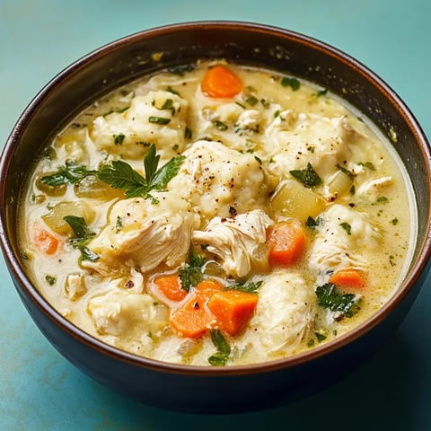 A bowl of chicken and dumpling soup featuring tender chicken, diced carrots, and herbs in a creamy broth.