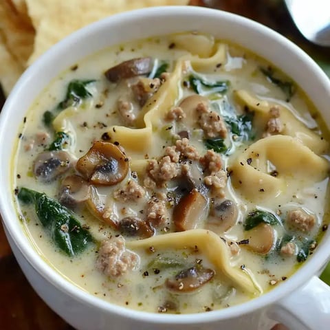 A bowl of creamy soup with pasta, ground meat, mushrooms, and spinach.