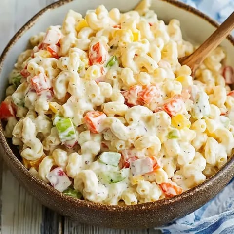 A bowl of creamy pasta salad mixed with colorful diced vegetables, including red and green bell peppers.