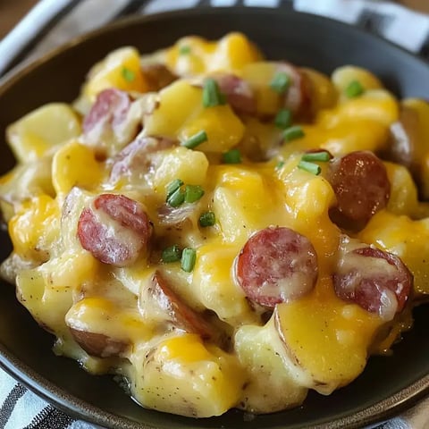 A close-up image of a bowl filled with cheesy potato and sausage dish, garnished with chopped green onions.