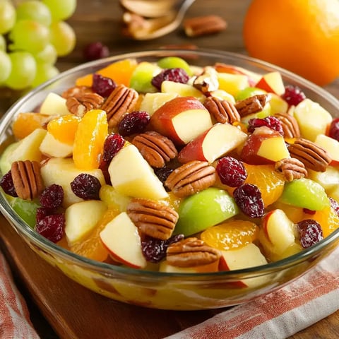 A colorful fruit salad featuring chopped apples, oranges, grapes, and pecans, served in a glass bowl.