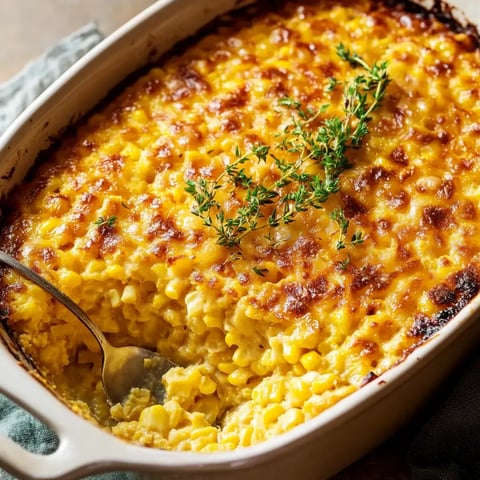 A baked dish of macaroni and cheese topped with a golden, crispy crust and garnished with fresh thyme.