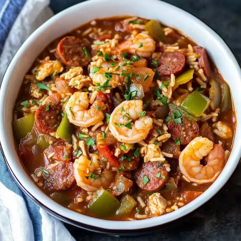 A bowl of shrimp and sausage jambalaya, featuring rice, green peppers, and herbs, garnished with fresh parsley.