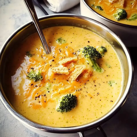 A silver bowl of creamy broccoli cheese soup topped with shredded cheese, croutons, and pepper.