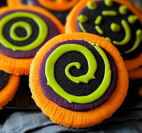 A close-up of Halloween-themed cookies decorated with vibrant orange, purple, and green icing in swirling patterns.