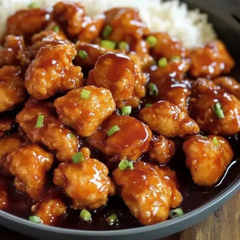 A close-up of crispy, golden-brown chicken pieces coated in a shiny, sweet sauce, garnished with green onions, served over white rice.