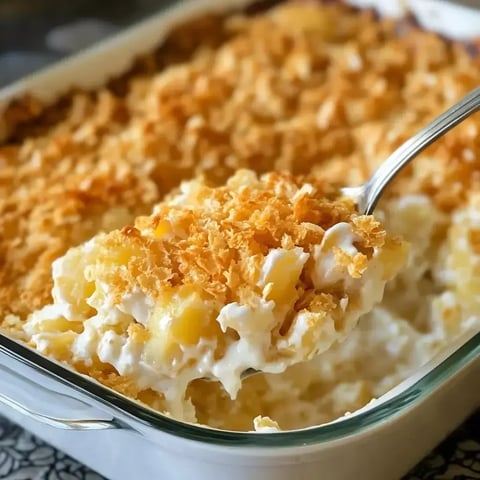 A spoonful of creamy casserole topped with golden, toasted breadcrumbs and pineapple chunks, with the dish partially visible in the background.