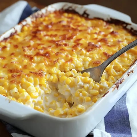 A creamy corn casserole topped with golden, melted cheese is being served from a white baking dish.