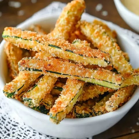 A bowl of crispy, breaded zucchini fries is presented, highlighting their golden-brown color and texture.