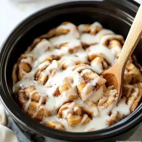 A close-up view of cinnamon rolls topped with creamy icing in a black slow cooker, with a wooden spoon resting on the side.