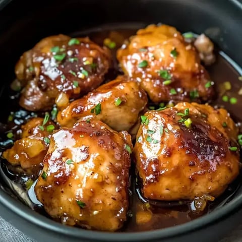 A close-up view of tender, glazed chicken thighs garnished with chopped green onions in a dark sauce.