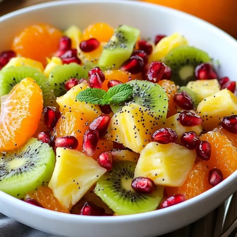 A vibrant bowl of mixed fruit salad featuring oranges, kiwis, pineapple, and pomegranate seeds, garnished with a sprig of mint.