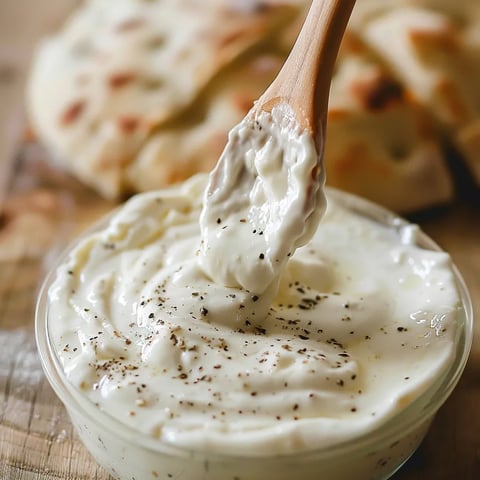 A rustic wooden table holding a bowl of creamy sauce and a spoon.