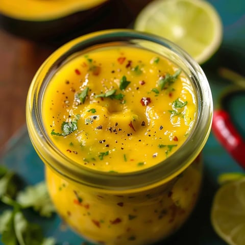 A jar filled with yellow mango dressing next to fresh limes and chili peppers.