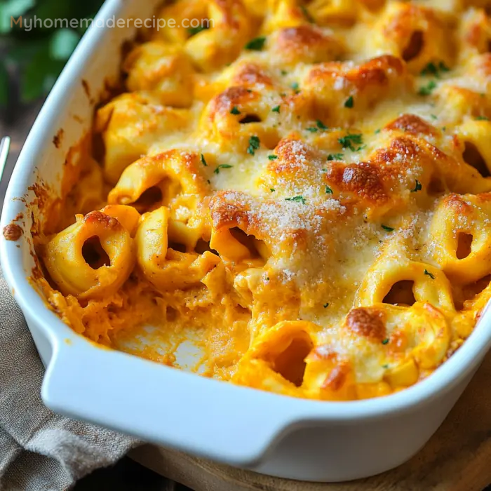 Spicy Three Cheese Pumpkin Tortellini Bake