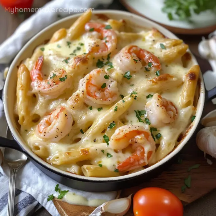 Garlicky Shrimp Alfredo Bake